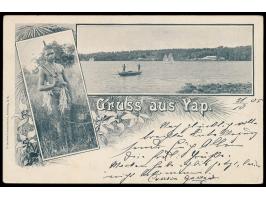 Zweibild-Ansichtskarte  "Gruss aus Yap"  - Eingeborener / Panorama von Yap, Frankatur 5 Pf., Stempel  Yap   24.11.05, nach Ge