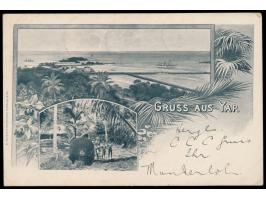 4 x 3 Pf. mit Stempel Yap 5.5.06 auf Zweibild-Ansichtskarte "Gruss aus Yap" als Drucksache nach Wien