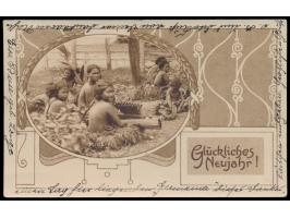 Foto-Ansichtskarte mit Neujahrsgruß, Jugendstilzierrahmen und Insulanern, Frankatur 5 Pf., in Teilen undeutlicher Stempel Deu