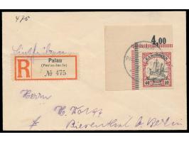 linkes oberes  Eckrandstück 40 Pf.  auf kleinformatigem  Einschreibbrief  mit Stempel  Palau  6.12.12 nach Biesenthal, Ankunf