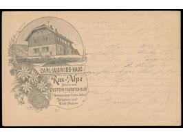 Ganzsache 2 Kr. Kaiser Franz Joseph (1897) mit rückseitigem  Bildzudruck "Carl-Ludwig-Haus - Rax-Alpe ..." , Postablagestempe