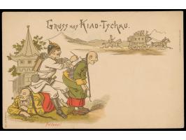mehrfarbige Spott-Ansichtskarte  "Gruss aus Kiao-Tschau. - Feldpost" , Postkarte No. 32, Lith. Anst. Val. Sachs, Darmstadt, u