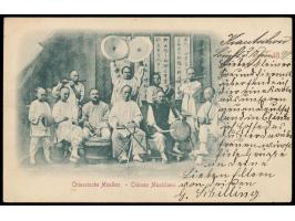 Stempel  Tsintau / China  14.6.98 auf Ansichtskarte Chinesische Musiker,  Vorläufer-Frankatur  Dt. Reich 10 Pf., nach Kiel, A