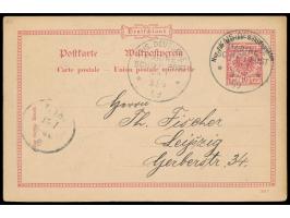 Stempel  MSP No. 1  3.6.99,  S.M.S. Kaiser  während der Liegezeit in Tsingtau, zwei Abschläge auf MSP-Ganzsache nach Leipzig,