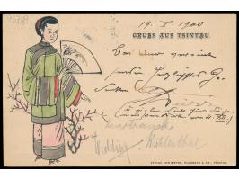 Ganzsache Dt. Post in China 10 Pf.  mit rückseitigem  Textzudruck "Gruss aus Tsintau"  und mehrfarbiger chinesischer  Tuschez