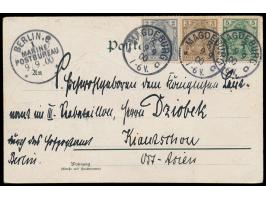 Ansichtskarte mit Dt. Reich 2, 3 und 5 Pf. aus Magdeburg vom 9.9.00, an einen Leutnant im III. Seebataillon, Durchgangsstempe