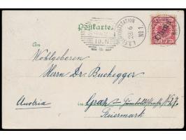 2 x Stempel  K. D. Feld-Poststation No. 1  28.6.01 in Kaumi auf mit D.P. in China 10 Pf. frankierter Ansichtskarte (Chinesisc
