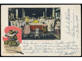 2 x Stempel  K. D. Feld-Poststation No. 1  28.6.01 in Kaumi auf mit D.P. in China 10 Pf. frankierter Ansichtskarte (Chinesisc