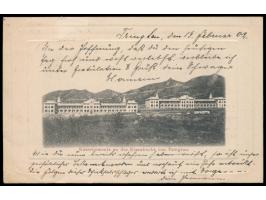 Ansichtskarte  Kasernements an der Klarabucht von Tsingtau  mit farblosem Prägedruck-Zierrand, Frankatur 5 Pf., Stempel  Tsin