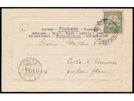 Ansichtskarte  Kasernements an der Klarabucht von Tsingtau  mit farblosem Prägedruck-Zierrand, Frankatur 5 Pf., Stempel  Tsin