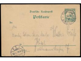 Ganzsache 5 Pf. mit rückseitig ganzflächiger mehrfarbiger  Tuschezeichnung,  Stempel  Tsingtau  16.7.02, nach Deutschland, An