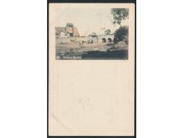 kolorierte Ansichtskarte  Ostthor Kaumi  (Vordruck im Muster der japanischen Ganzsachen) ,  Frankatur 5 Pf., Stempel  Tsingta