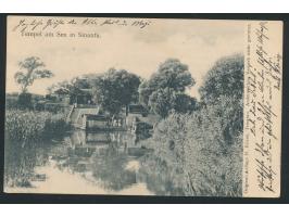 Ansichtskarte  Tempel am See in Sinanfu,  Verlag H. Kliene, Tsingtau, Frankatur 5 Pf., Stempel Tsingtau 4.11.03, nach Cöthen,