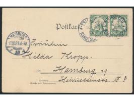 vierteilige Klapp-Ansichtskarte  Panorama von Tsingtau  (in zwei Teile getrennt), Frankatur 2 x 5 Pf. (Briefporto), Stempel  