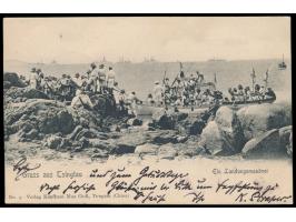 Ansichtskarte "Gruss aus Tsingtau - Ein Landungsmanöver" , Verlag Max Grill, Tsingtau, Frankatur 5 Pf., Stempel Tsingtau 24.5