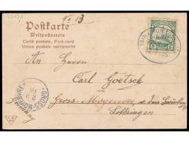 mehrfarbige Ansichtskarte  Tapautau - Schantung Strasse,  Frankatur 5 Pf., Bahnpoststempel  Tsingtau - Tsinanfu  Zug 2 22.9.0