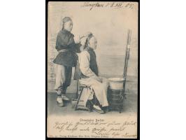 Stempel  Tsingtau-Tapautau  9.12.05 auf Ansichtskarte "Chinesischer Barbier", Verlag Max Grill, Frankatur 2 C., nach Rogasen,