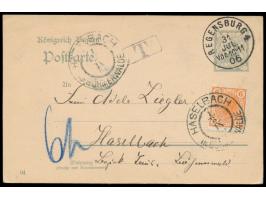 Bayern-Ganzsache  2  Pf. mit Stempel Regensburg 31.7.06 nach Haselbach, unterfrankiert, T-Stempel, handschriftlich Nachgebühr