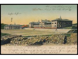 mehrfarbige Ansichtskarte  Kasernen in Tsingtau,  ohne Verlagangabe, Frankatur 2 C., Gitterstempel Tsingtau c 14.11.06 (ohne 