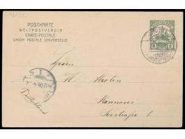 mehrfarbige Ansichtskarte  Kasernen in Tsingtau,  ohne Verlagangabe, Frankatur 2 C., Gitterstempel Tsingtau c 14.11.06 (ohne 