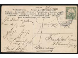 kolorierte Ansichtskarte  Tsingtau von der Landungsbrücke,  Verlag Warenhaus Arnold Baumann, Tsingtau, Frankatur 2 C., Stempe