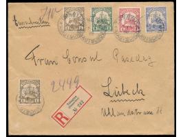 Einschreibbrief  2. Gewicht (21 bis 250 g), dekorative 18 C.-Mischfrankatur, Stempel  Tsingtau a  6.4.09, R-Zettel Einfeldt N