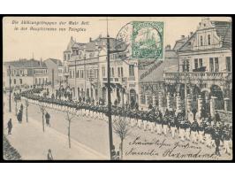 2 C. bildseitig auf Ansichtskarte  "Die Ablösung der Matr. Artl. in der Hauptstrasse von Tsingtau" , Verlag Warenahaus Arnold