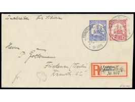 4 und 10 C. auf portorichtigem  Einschreibbrief  mit Stempel  Tsingtau-Gr.Hafen  24.5.10 "via Sibirien" nach Deutschland,  R-