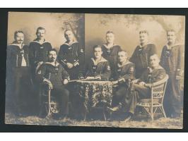 Foto-AK Soldatengruppe,  Privataufnahme,  Frankatur 2 C., Gitterstempel Tsingtau c 22.11.11, nach Kiel, Bedarf
Stichwort: Ans