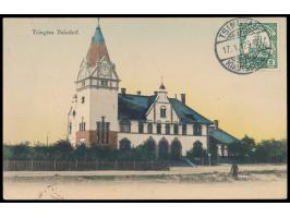 2 C. bildseitig auf kolorierter Ansichtskarte  Tsingtau Bahnhof,  Gitterstempel Tsingtau c 17.1.12, nach Mülfert bei M.Gladba