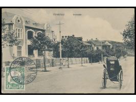 2 C. bildseitig auf Ansichtskarte  Tsingtau - Irenestr.,  Verlag Max Grill, Gitterstempel Tsingtau c 30.3.12, nach Mühlfort b