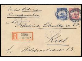 4 und 10 C. auf  Einschreibbrief  mit Stempel  Tsingtau a  16.11.12 "via Sibirien" nach Kiel, R-Zettel mit UB a, Einfeldt Nr.
