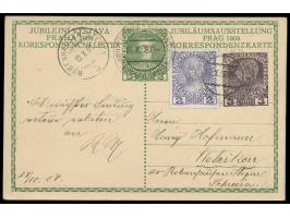 Sonderganzsache Jubiläumsausstellung Prag 1908 5 H. mit Zudruck eines weiteren Wertstempels zu 3 H. (1908) und Zusatzfrankatu