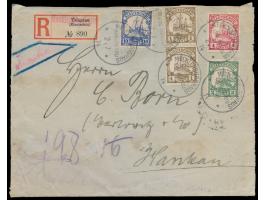 2 x 1 C.,2, C., 4 C. und 10 C. auf  Einschreibbrief  mit Stempel  Mecklenburghaus  2.7.14 (5 Abschläge) nach Hankau,  R-Zette