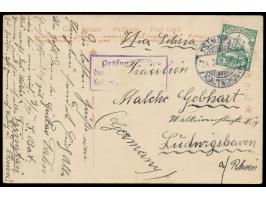 2 C. (unauffälliger Riss) auf japanischer Ansichtskarte mit Gitterstempel Tsingtau c 24.7.14 "via Sibirien" nach Ludwigshafen