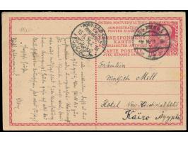 Ganzsachen-Doppelkarte 10 h (Ausgabe 1908) mit Stempel Wien 10.2.11 &nbsp;nach Ägypten, &nbsp;Ankunftstempel &nbsp;Port Said 