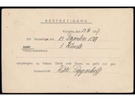 Kurume,  Empfangsbestätigungskarte für ein Paket, violetter Lagerstempel B.Z., Poststempel Kurume 14.12.1917,  nach Tientsin,