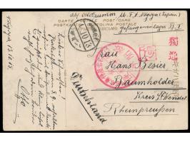 Nagoya,  japanische Ansichtskarte nach Baumholder, Lagerstempel und Leitstempel Doitsu (Seitz Typ a) und Han Aketo, alle rot,