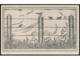 Ninoshima,  Vordruckkarte "Service des Prisonniers de Guerre" mit rückseitigem   Bild "Vögel auf Stacheldrahtzaun"  aus der L