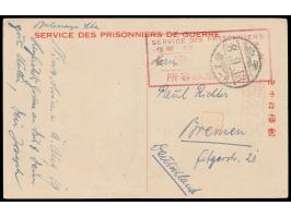 Ninoshima,  Vordruckkarte "Service des Prisonniers de Guerre" mit rückseitigem   Bild "Vögel auf Stacheldrahtzaun"  aus der L