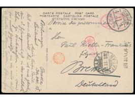 Osaka,  japanische Ansichtskarte mit ovalem Lagerstempel und Einzelstempel Kenetsuzumi (Type II), beide in rot, orangener Han