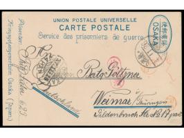 Osaka,  Ganzsachenkarte (Seitz Type II) nach Weimar, roter Einzelstempel Kenetsuzumi, zwei orangene Han Niwa und Yokoi, Posts