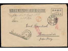 Osaka,  Ganzsachenumschlag (Type II) nach Berlin, roter Einzelstempel Kenetsuzumi und roter Leitstempel Doitsu, zwei orangene