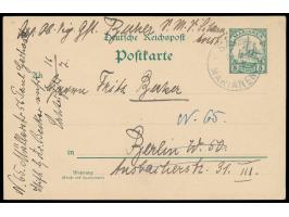 Ganzsache 5 Pf. mit Stempel  Saipan  28.5.09 nach Berlin, vorderseitige Absenderangabe "Ob. Sig. Gst. Becker,  S.M.S. Scharnh