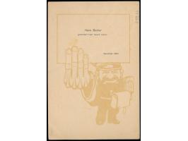 Marianen-Ganzsache 5 Pf.  mit rückseitigem  Bildzudruck  (Postboten-Karikatur) und Text "Hans Becker gratuliert zum neuen Jah