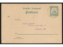 Marianen-Ganzsache 5 Pf.  mit rückseitigem  Bildzudruck  (Postboten-Karikatur) und Text "Hans Becker gratuliert zum neuen Jah