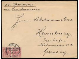 2 x  Vorläufer 10 Pf.  auf Brief mit Stempel  Apia KDPAg  11.10.93 nach Hamburg, Leitvermerk "S.S. Monowai via San Francisco"