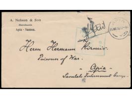 Brief mit Stempel  Apia  25.3.18 an Hermann Kirmis im  Savalalo Internment Camp,  vorder- und rückseitig grüner Zensurstempel