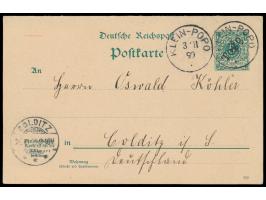 Ganzsachen-Doppelkarte 5 Pf. mit Druckdatum 399, Stempel  Klein-Popo  3.11.99, nach Colditz, Ankunftstempel 26.11.99, Antwort