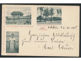 Dreibild-Ansichtskarte  Klein-Popo - Frau aus Togo / Haus der Familie Lawson / Factoreiladen,  Frankatur  Gold Coast 1 d.,  e